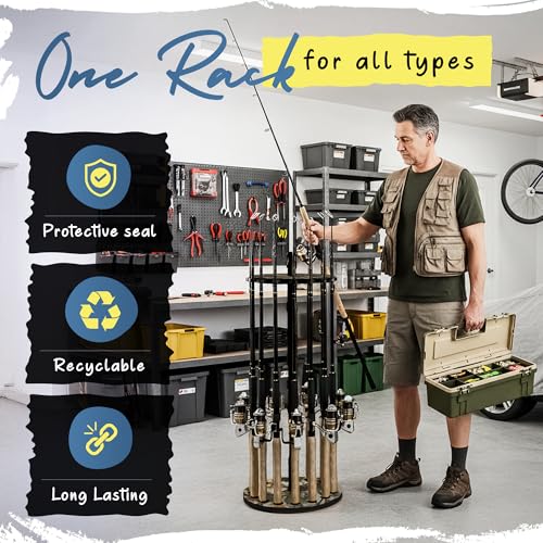 Rush Creek Creations 16-Rod Round Fishing Rod Holder for Garage, 360° Access Fishing Pole Holder for Fishing Rods, Reels, and Gear, Securely Holds 16 Rods, Camouflage - color: Camouflage