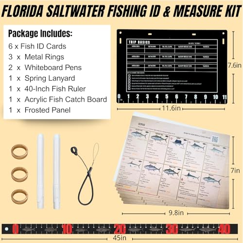 Florida Saltwater Fish & Shark ID Set - 100 Species Waterproof Guide (9.8x7.1") - 11.4" Acrylic Backplate with Integrated 11" Ruler & 40" Folding Fish Tape - Reusable Catch Log & Dry Erase Pen (black)