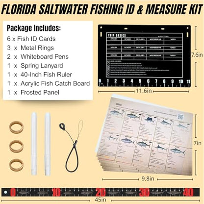 Florida Saltwater Fish & Shark ID Set - 100 Species Waterproof Guide (9.8x7.1") - 11.4" Acrylic Backplate with Integrated 11" Ruler & 40" Folding Fish Tape - Reusable Catch Log & Dry Erase Pen (black)