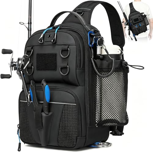 Fishing Bag, Small Fishing Tackle Sling Bag with Rod & Beverage Holder, Convertible Crossbody Shoulder Bag, Fish Gifts for Men Women, Black - color: Black