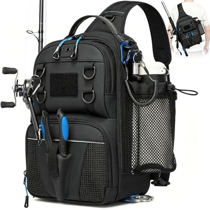 Fishing Bag, Small Fishing Tackle Sling Bag with Rod & Beverage Holder, Convertible Crossbody Shoulder Bag, Fish Gifts for Men Women, Black - color: Black