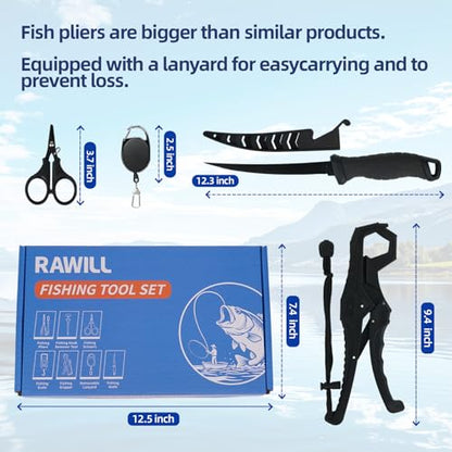 RAWILL Fishing Kit,Filleting Knife,Hook Remover,Fish Grip, Line Cutter,Fishing Scale, Pliers with Lanyards,Not Include Batteries - color: Black