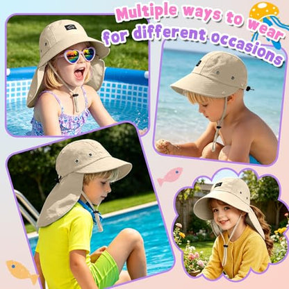 Kids Sun Hat with Detachable Neck Flap for Boys & Girls Wide Brim Fishing Hat for Kids Water Resistant UV Protection - color: 1 Pack-beige