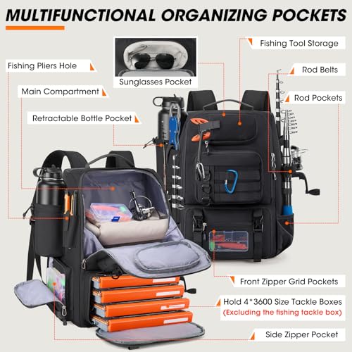 RAINSMORE Fishing Backpack with Rod Holders & Cooler 40L Water Resistant Tackle Backpack with Rain Cover Store Fishing Gear - color: Black