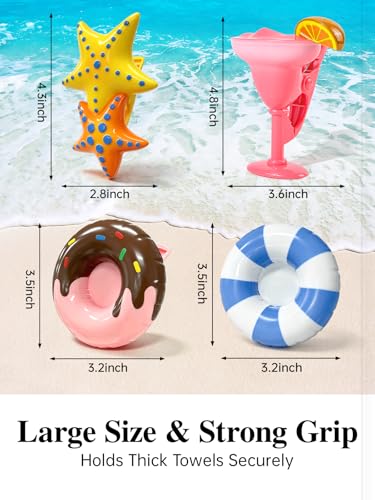 Beach Towel Clips 8 Pack, Cute Beach Chair Clips, Strong Grip Towel Clips for Beach Chairs, Summer Fun Clothespins for Cruise, Pool, Beach, Vacation, Outdoor Loungers - style: Swim Ring + Donut + Starfish + Cocktail Glass