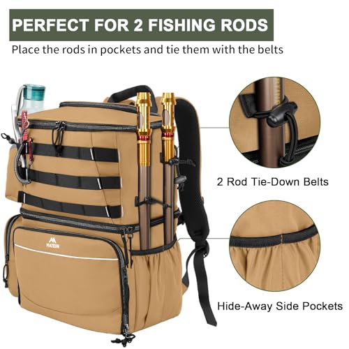 MATEIN Fishing Backpack, Water Resistant Tackle Storage Bag with Rod Holders & Cooler, Fishing Gifts for Men - color: Khaki - Large