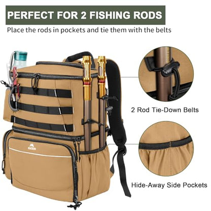 MATEIN Fishing Backpack, Water Resistant Tackle Storage Bag with Rod Holders & Cooler, Fishing Gifts for Men - color: Khaki - Large
