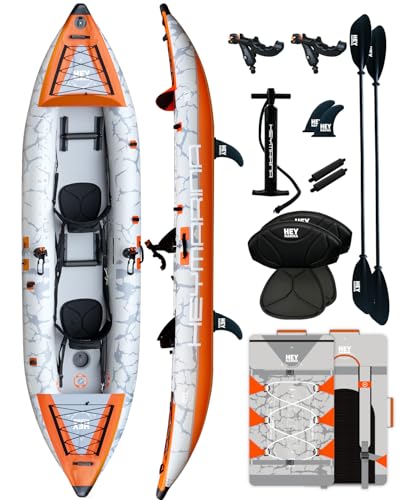 2 Person Inflatable Kayak Tandem Fishing Kayak for Adults, Portable Touring Kayak Canoe with Dual Floats, Drop-Stitch Floor and Fish Measuring Ruler, 12.5 FT - style: Rod Holder Included