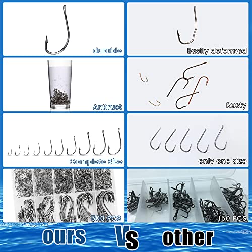 Carbon Steel Fishing Hooks 500Pcs/90Pcs, Circle Hooks Assortment for Saltwater Freshwater Ice Fishing, Salt Water Fish Hooks for Catfish Trout Bass Octopus Multi Size