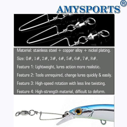 AMYSPORTS High Strength Fishing Snap Swivels - Stainless Steel Ball Bearing Swivels - Saltwater & Freshwater Fishing - size: Size 8+8 (320lb) 50 pcs