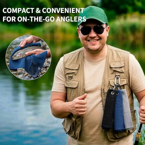 Fishing Towel with Clip,16" X 16",Waffle Pattern Effective Cleaning of Fishing Gear Accessories,Microfiber Absorbent Camping Towel for Men,Hiking Towel,Golf Towel,Pack of 3 (Black/Grey/Blue) - color: Black/Grey/Blue