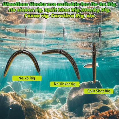 70 Pcs Weedless Wacky Rig Hooks Professional V Bass Fishing Worm Hooks Carbon Steel Fishing Lure Baits for Freshwater Saltwater - size: 1/0