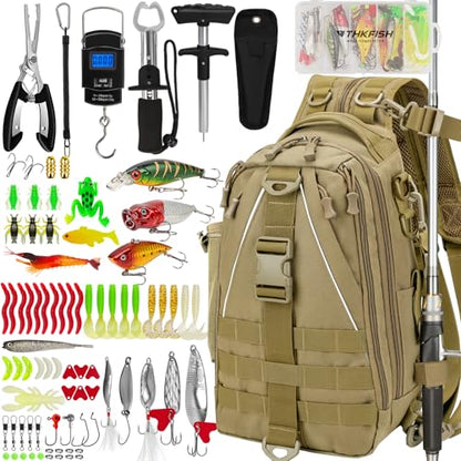 THKFISH 85Pcs Fishing Tool Kit, Fishing Backpack with Tackle Boxes Included, Fishing Tackle Kit Include Fishing Bait Lure Gear Kit, Fishing Pliers, Fish Hook Remover, Lip Gripper - color: Khaki Backpack