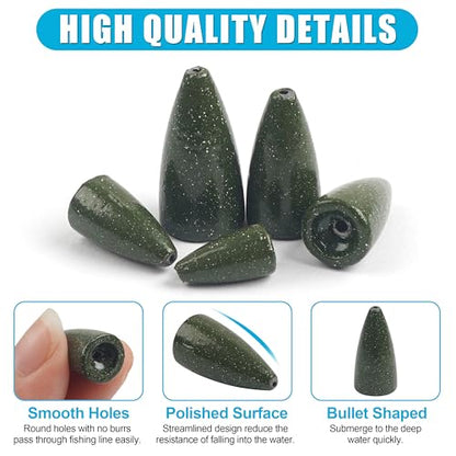 Bullet Fishing Weights Sinkers, 30pcs Worm Slip Sinkers Weight for Bass Fishing Carolina Rig Texas Rig Drop Casting Sliding Weights Saltwater Freshwater - size: 55pcs Weights Kit