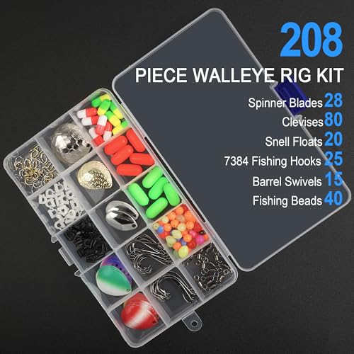 Walleye Rig Making Kit DIY Fishing Lure Spinner Making Kit Supplies Parts Crawler Harness Live Bait Rigs Colorado Blades Pompano Floats Clevis Beads Tackle Fishing - color: 208pcs Spinner Rig Kit