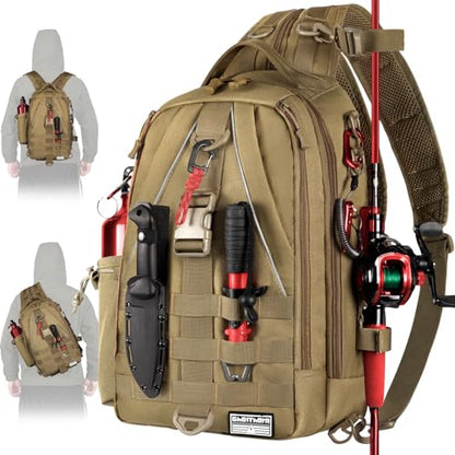 Ghosthorn Fishing Backpack with Tackle Boxes Fish Lip Gripper Pliers Lures Waterproof Tackle Bag with Rod Holder Fishing Gear - color: Khaki, size: Large
