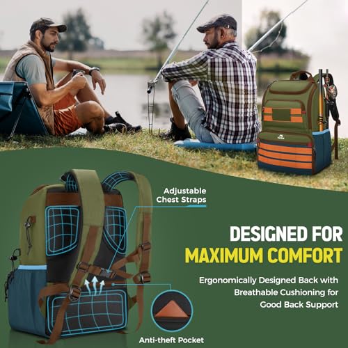 MATEIN Fishing Backpack Tackle Box, Tackle Backpack with Cooler for Men | Tackle Box Backpack, Fishing Bag with Rod Holders, Hold 4 3600 Tackle Boxes, Water Resistant, Gear Accessories, Fishing Gifts - color: Green & Orange & Blue