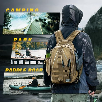 Ghosthorn Fishing Backpack with Tackle Boxes Fish Lip Gripper Pliers Lures Waterproof Tackle Bag with Rod Holder Fishing Gear - color: Khaki Set, size: Standard