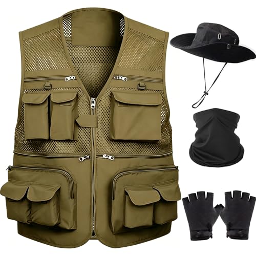 HUNTURE Fishing Vest,Pocket Vest and Hat Gloves Neck Gaiter Set for Men,Lightweight Utility Outerwear Vest - color: Khaki, size: XX-Large