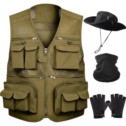 HUNTURE Fishing Vest,Pocket Vest and Hat Gloves Neck Gaiter Set for Men,Lightweight Utility Outerwear Vest - color: Khaki, size: XX-Large