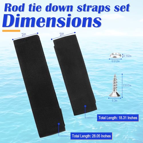 12760-7 Fishing Boat Deck Rod Holder Straps Set, 10 Inch Handle Strap, 6 Inch Rod Tip Strap and Screws for Fishing Boat Accessories, Black