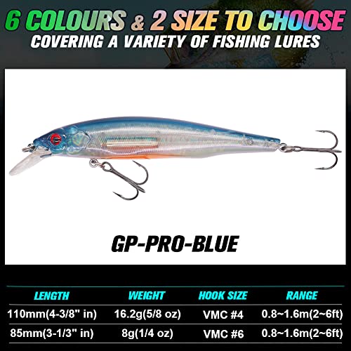 XFISHMAN Jerkbait Kit - Minnow Lure - Suspending - Bass, Smallmouth Bass, Walleye, Largemouth Bass - 1 Piece - color: Gp-Pro-Blue, size: 110mm（4-3/8"in）