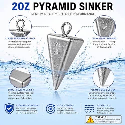 Pyramid Fishing Sinkers for Saltwater Surf Fishing, Lead Casting Weights for Beach Pier Ocean Bottom Rigs, 1oz, 2oz, 3oz Assorted Fishing Tackle - size: 2oz-8Pcs