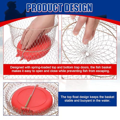 NYXOVA 2 Pack Floatable Galvanized Steel Wire Fish Basket, Portable Fishing Basket Fishing Net Cage, Durable Collapsible Fishing Net, Easy to Use