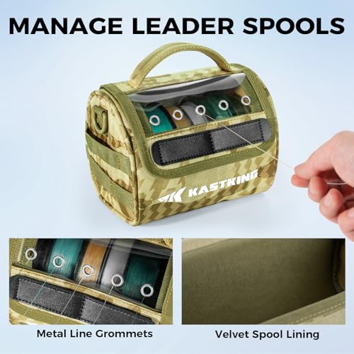 KastKing BaitSpace Line Management Bag, Fishing Line Storage Bag with Water Resistant Nylon, Clear View Window, Removable Divider, Tangle-free Leader Line Holder - color: C: Khaki Camo-Medium
