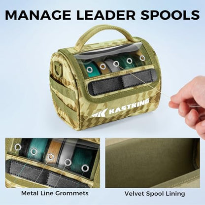 KastKing BaitSpace Line Management Bag, Fishing Line Storage Bag with Water Resistant Nylon, Clear View Window, Removable Divider, Tangle-free Leader Line Holder - color: C: Khaki Camo-Medium