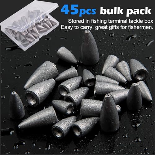 Bullet Fishing Weights Sinkers, 45 Pack Fishing Sinkers Worm Weights Sliding Fishing Sinkers for Bass Fishing Pitching and Flipping Texas Rigs Saltwater Freshwater Fishing Tackle - style: 3/8oz - 45pcs