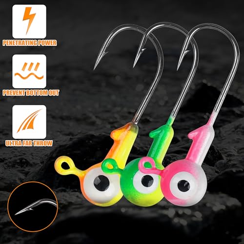Fishing Jig Head Hooks Set, 20/40pcs Assorted Painted Round Jig Heads with Big Eyes 3/8 1/4 1/8 1/16 1/32oz Crappie Jig Heads for Bass Trout Walleye Freshwater Saltwater Fishing - style: 1/16oz-40pcs