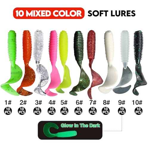 Eupheng Twist Tail Swimbait Fishing Lure, 2.3in/2.7in/4in/5.5in 100PCS Grub Saltwater Fishing Soft Bait Trailer for Bass Crappie Fishing - size: 2.3 inches - 100 PCS