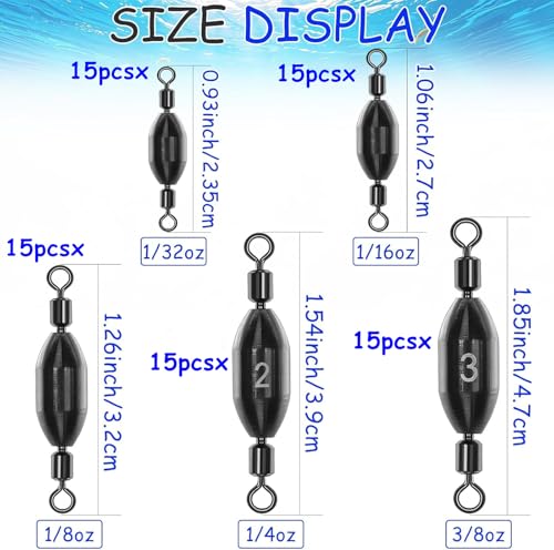 15Pcs Fishing Weights Swivel Bullet Sinkers Brass Fishing Weights | Saltwater Freshwater Bass Sinker Fishing Weights with Swivel Rolling - size: 1/8oz