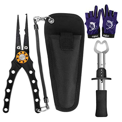 Welltop Fishing Pliers, Fish Lip Gripper, Upgraded Muti-Function Fishing Pliers Hook Remover Split Ring, 3pcs Fishing Tools Set with Fishing Gloves, Ice Fishing, Fishing Gear, Fishing Gifts for Men