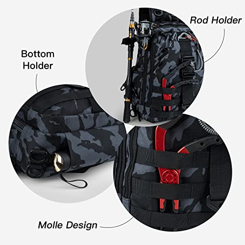 Night Cat Fishing Tackle Backpack: Fly Fishing Sling Bag With Rod Holder Shoulder Storage