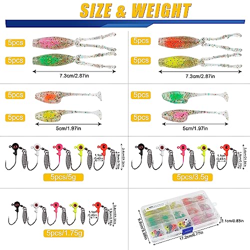 Crappie Lures Jigs Kit, 48/55pcs Crappie Baits Crappie Jig Head Hooks Soft Plastic Fishing Lures Split Paddle Tail Swim Bait for Crappie Fishing Panfish Bluegill Lures - color: 55pcs Crappie Jig Lures Kit