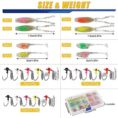 Crappie Lures Jigs Kit, 48/55pcs Crappie Baits Crappie Jig Head Hooks Soft Plastic Fishing Lures Split Paddle Tail Swim Bait for Crappie Fishing Panfish Bluegill Lures - color: 55pcs Crappie Jig Lures Kit