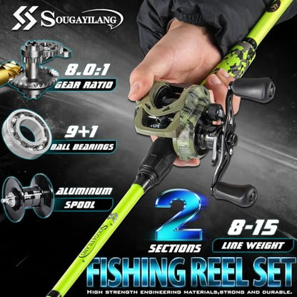 Sougayilang Baitcasting Combo – 8.0:1 Gear Ratio, 18LB Drag, 9+1 Bearings, IM7 Graphite 2-Piece M/MH Rod, EVA Handle, Camo Finish for Topwater Bass, Pike, Walleye - style: Cast-6'10''-left Handle-m