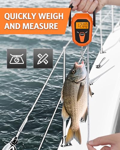 Digital Fishing Scale with Lip Gripper & Tape Measure, 110lb/50kg Waterproof Fish Weight Scale with LCD Display, Hanging Fish Weigher for Bass Fishing & Boat, Perfect Fishing Gifts for Men - color: Orange