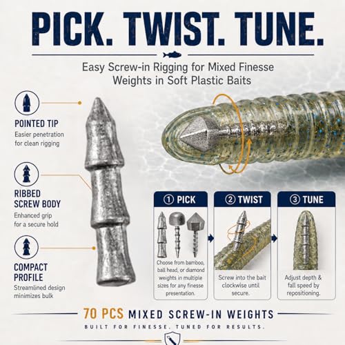 Screw-in Nail Weights for Bass Fishing, 50/70pcs Lead Insert Sinkers, Neko Rig Weights, Wacky Worm Weights, Soft Plastic Worm Weights for Stick Baits, Small Swimbaits, Finesse Lure Tuning Kit - size: 70Pcs-7 Size