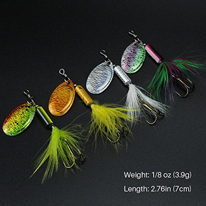 FouceClaus 10pcs Spinner Lures Baits with Tackle Box, Bass Trout Salmon Hard Metal Rooster Tail Fishing Lures Kit
