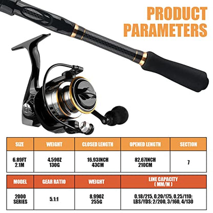 Carbon Fiber Telescopic Fishing Rod Reel Combo with Compact Carrier Bag | Portable Collapsible Spinning Pole Reel Kit Fishing Gear Set Travel Fishing Rod Kit Fishermen Gift for Freshwater Saltwater