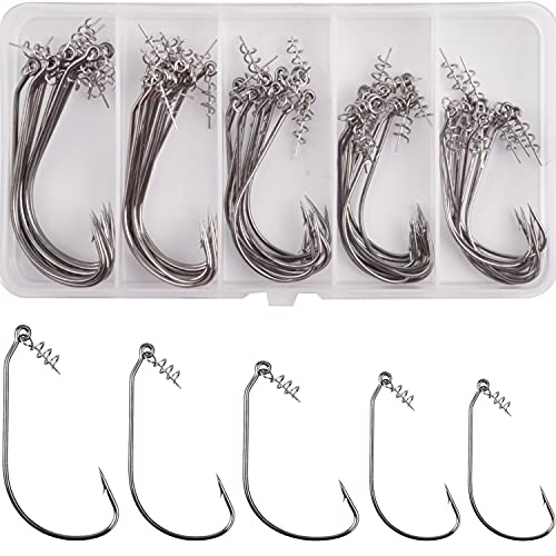 Twistlock Fishing Hooks,50pcs Bass Fishing Worm Hooks with Centering Pin Spring Unweighted Swimbait Hooks for Soft Plastics Lure Baits Saltwater Freshwater Size 1/0 2/0 3/0 4/0 5/0 - size: 5 sizes mixed-50pcs