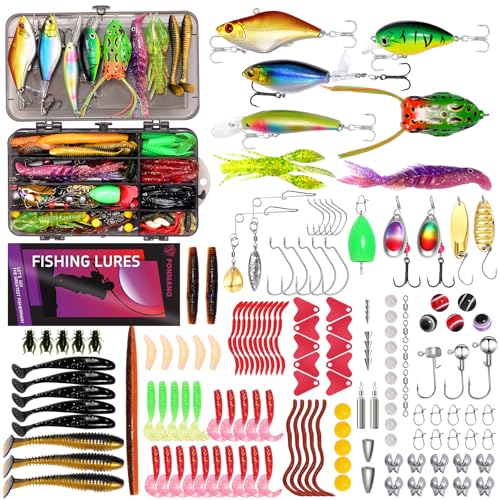 FONMANG Fishing Lures - Tackle Box with Tackle Included, Fishing Kit with VIBs, Frogs, Minnows, Soft Baits, Hooks & Weights Accessories, Freshwater Lure Kit for Bass Walleye Trout - color: F4-153pcs Fishing Lure Kit