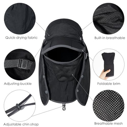 GADIEMKENSD UPF 50+ Folding Fishing Hat 360 Outdoor Sun Hat - color: Black