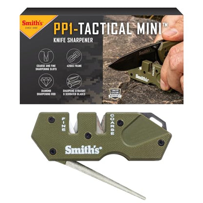 Smith’s Pocket Pal Tactical Knife Sharpener - 2 Stage Sharpener & Diamond Sharpening Rod - Pocket Clip - Outdoor Hunting Knife & Hook Sharpener - Compact & Lightweight - style: PP1-Mini Tactical (OD Green)