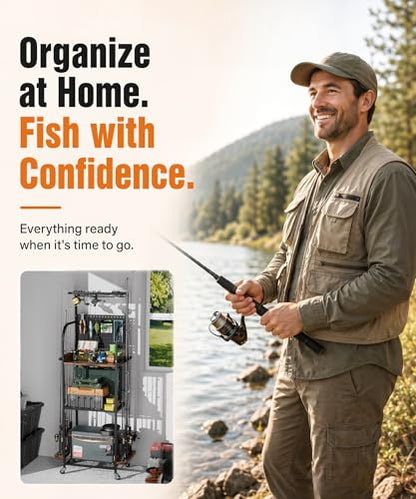 Homde Fishing Rod Holders for Garage: Large Capacity Fishing Equipment Holder up to 12 Rods - Mobile Tackle Storage Cart with Pegboard and Hooks for Tackle Box Organizers and Storage