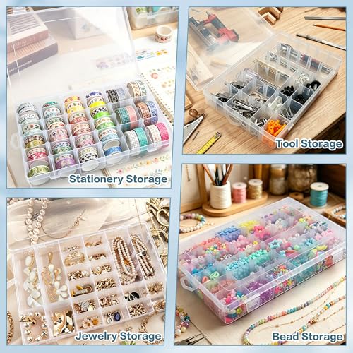 DILIBRA 2 Pack 36 Grids Large Plastic Organizer Box with Adjustable Dividers, Clear Craft Organizers Bead Organizers with Label Stickers, Compartment Container for Beads Crafts Jewelry Fishing Tackles - size: 2 Pack 72 Grids