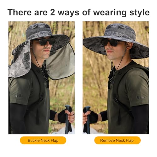 HUAMULAN Men Summer Sun Hat Women Safari Wide Brim Fishing Hats UV Protection Neck Flap Bucket Gardening Hiking Hunting Cap - color: Hyp016-shenhui-smo